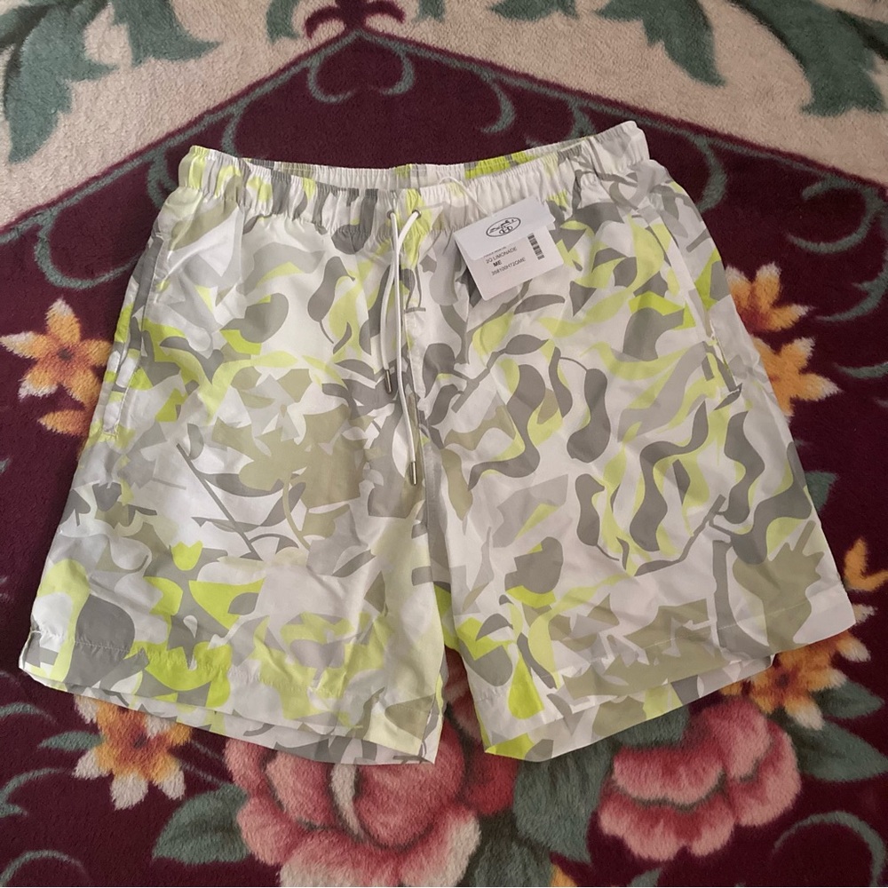 Hermes White, Gray & Neon Yellow Men’s Swim Trunks